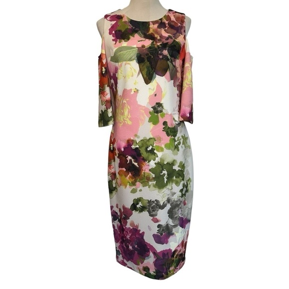 Jax black label size 10 pink purple 
Floral-Print Cold-Shoulder Sheath Dress - Picture 1 of 14